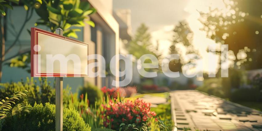For sale sign board outside house background, House for sale concept - Ai Generated