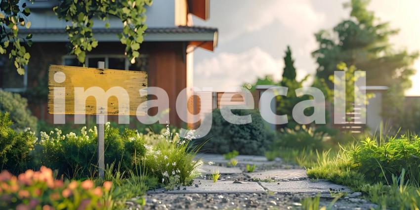 For sale sign board outside house background, House for sale concept - Ai Generated