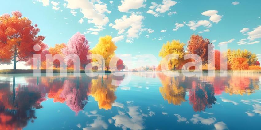 Colorful trees reflections in calm pond water on a beautiful autumn day background - Ai Generated