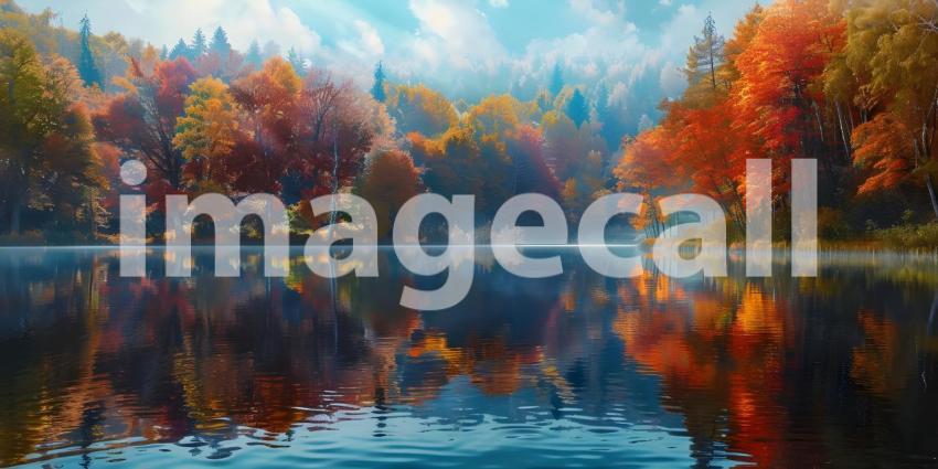 Colorful trees reflections in calm pond water on a beautiful autumn day background - Ai Generated