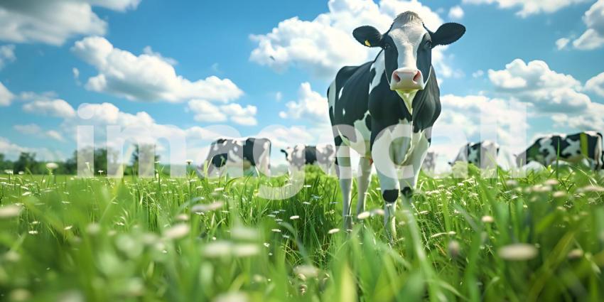 Countryside landscape farm field and grass with grazing cows background - Ai Generated