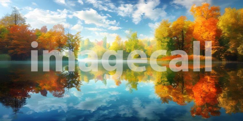 Colorful trees reflections in calm pond water on a beautiful autumn day background - Ai Generated