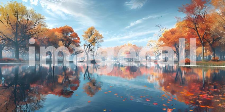 Colorful trees reflections in calm pond water on a beautiful autumn day background - Ai Generated