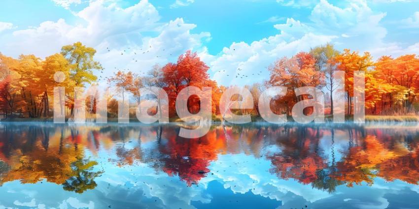 Colorful trees reflections in calm pond water on a beautiful autumn day background - Ai Generated