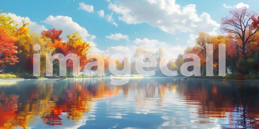 Colorful trees reflections in calm pond water on a beautiful autumn day background - Ai Generated