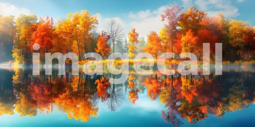 Colorful trees reflections in calm pond water on a beautiful autumn day background - Ai Generated