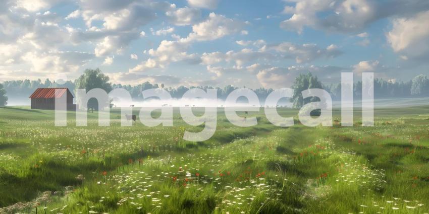 Countryside landscape farm field and grass with grazing cows background - Ai Generated