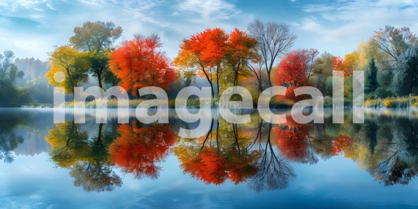 Colorful trees reflections in calm pond water on a beautiful autumn day background - Ai Generated