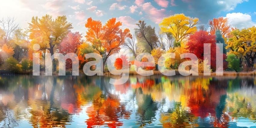 Colorful trees reflections in calm pond water on a beautiful autumn day background - Ai Generated