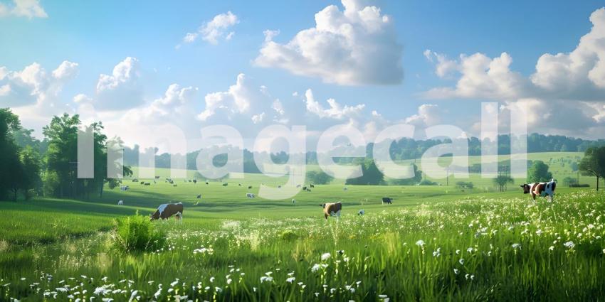 Countryside landscape farm field and grass with grazing cows background - Ai Generated