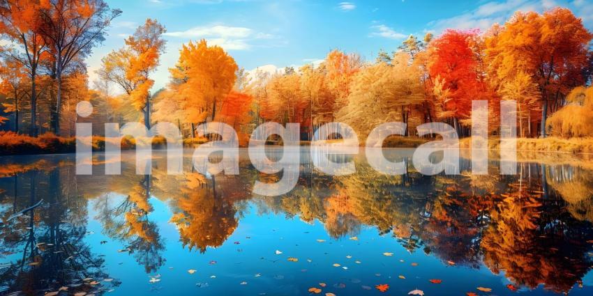 Colorful trees reflections in calm pond water on a beautiful autumn day background - Ai Generated
