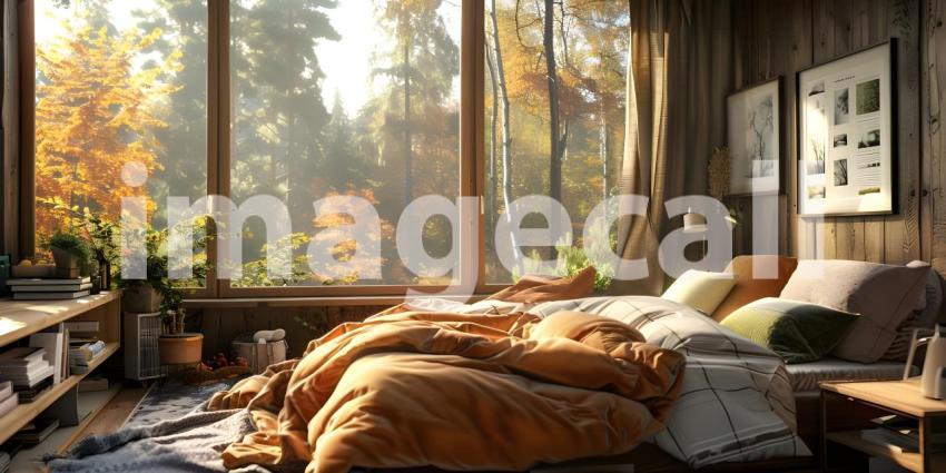 Cozy bedroom with forest view background - Ai Generated