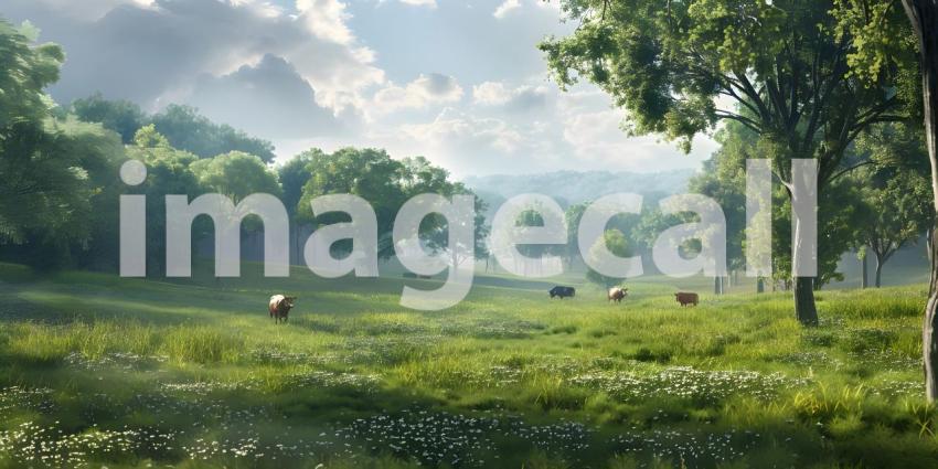 Countryside landscape farm field and grass with grazing cows background - Ai Generated