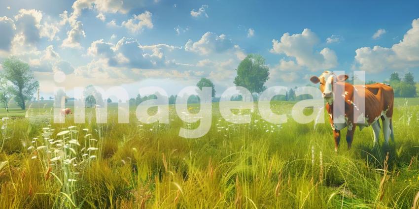 Countryside landscape farm field and grass with grazing cows background - Ai Generated