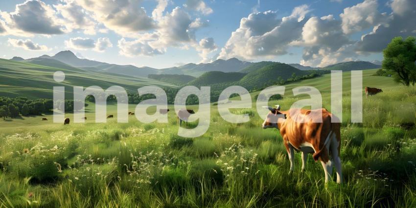 Countryside landscape farm field and grass with grazing cows background - Ai Generated