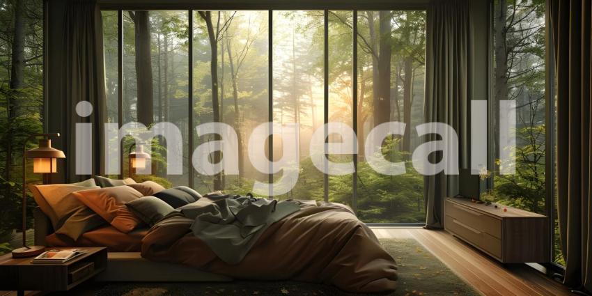 Cozy bedroom with forest view background - Ai Generated