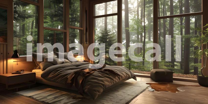Cozy bedroom with forest view background - Ai Generated