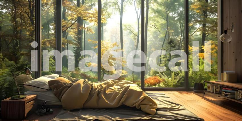 Cozy bedroom with forest view background - Ai Generated