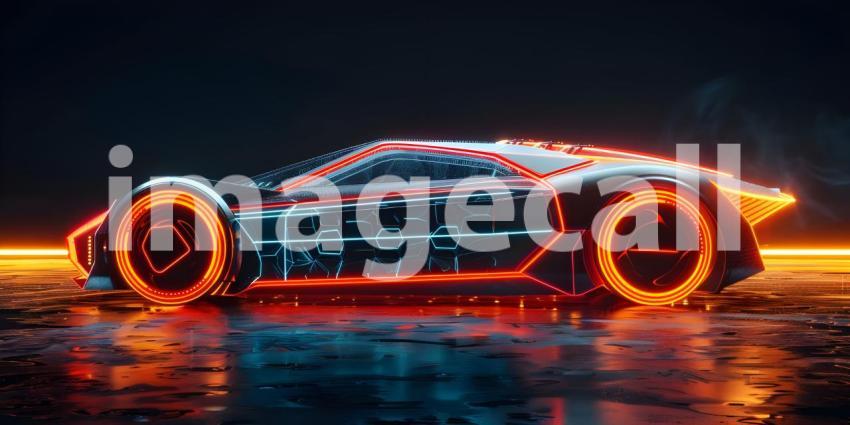 Futuristic Neon Car on dark background with copy space - Ai Generated