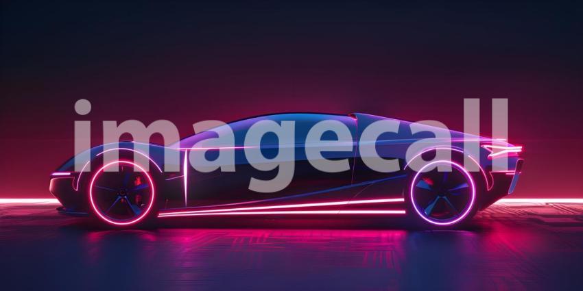 Futuristic Neon Car on dark background with copy space - Ai Generated