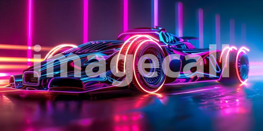 Futuristic Neon Car on dark background with copy space - Ai Generated