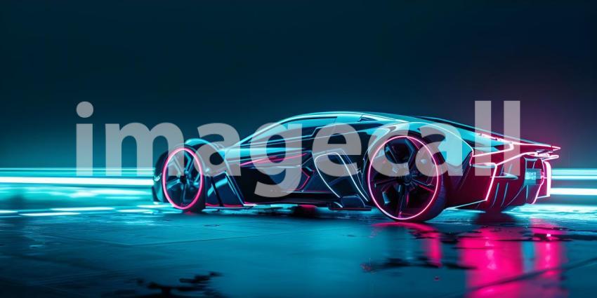 Futuristic Neon Car on dark background with copy space - Ai Generated