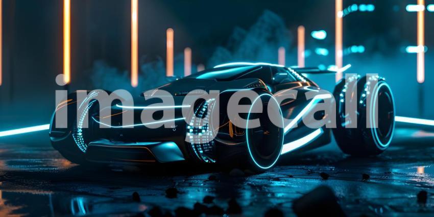 Futuristic Neon Car on dark background with copy space - Ai Generated