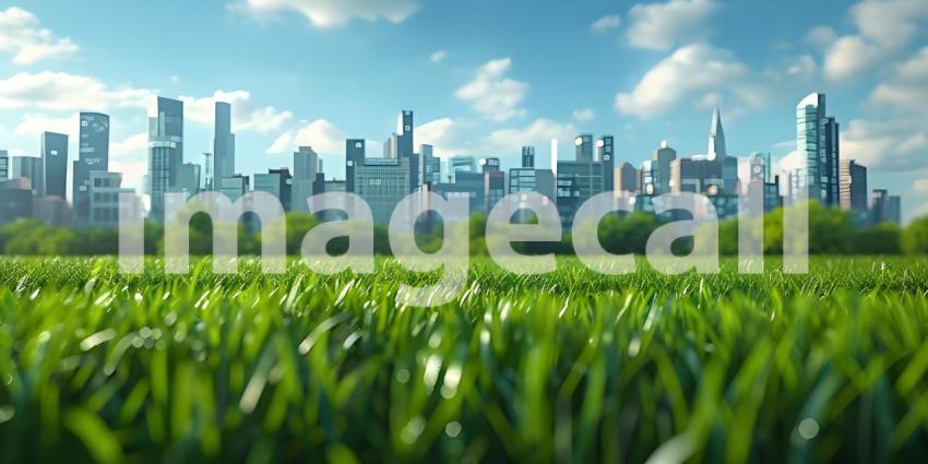 Green lawn with city skyscrapers background - Ai Generated