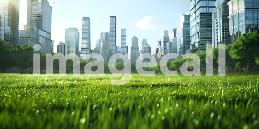 Green lawn with city skyscrapers background - Ai Generated