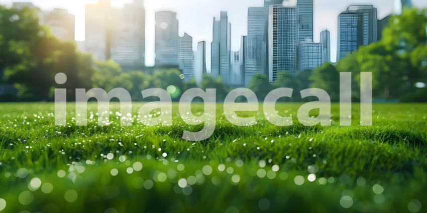 Green lawn with city skyscrapers background - Ai Generated