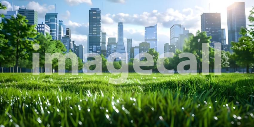 Green lawn with city skyscrapers background - Ai Generated