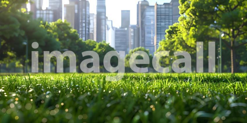 Green lawn with city skyscrapers background - Ai Generated