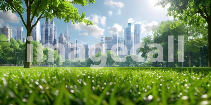Green lawn with city skyscrapers background - Ai Generated