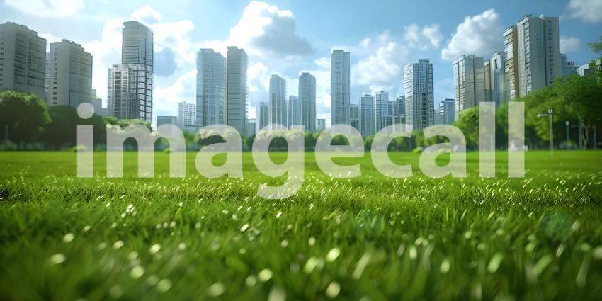 Green lawn with city skyscrapers background - Ai Generated