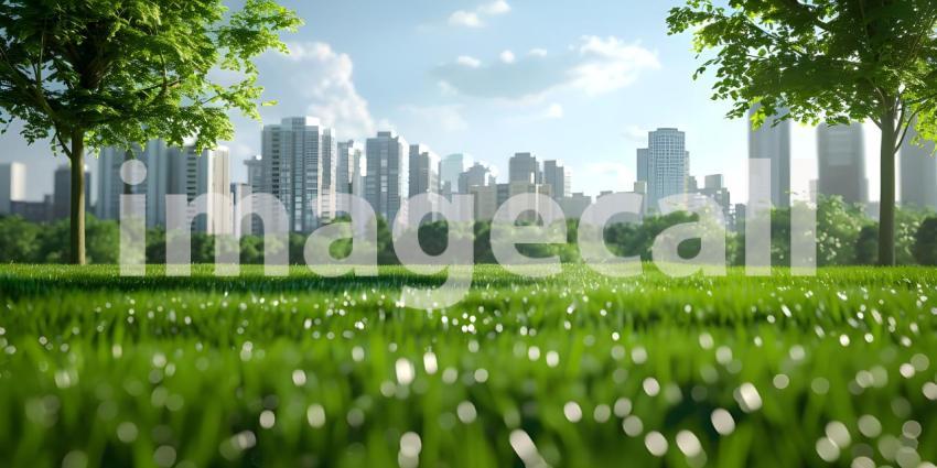 Green lawn with city skyscrapers background - Ai Generated