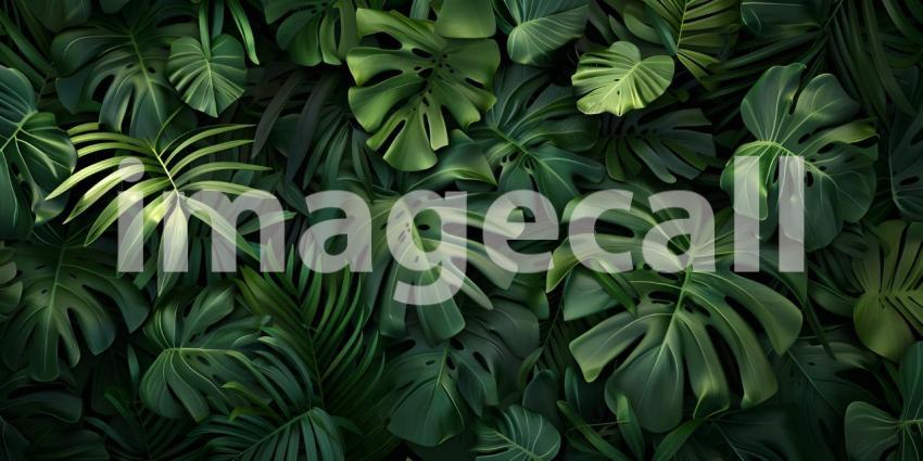 Green tropical forest leaves on dark background - Ai Generated