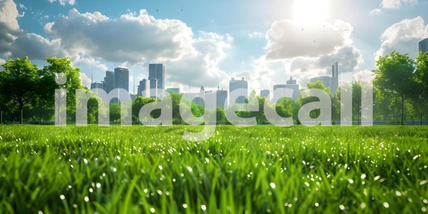 Green lawn with city skyscrapers background - Ai Generated