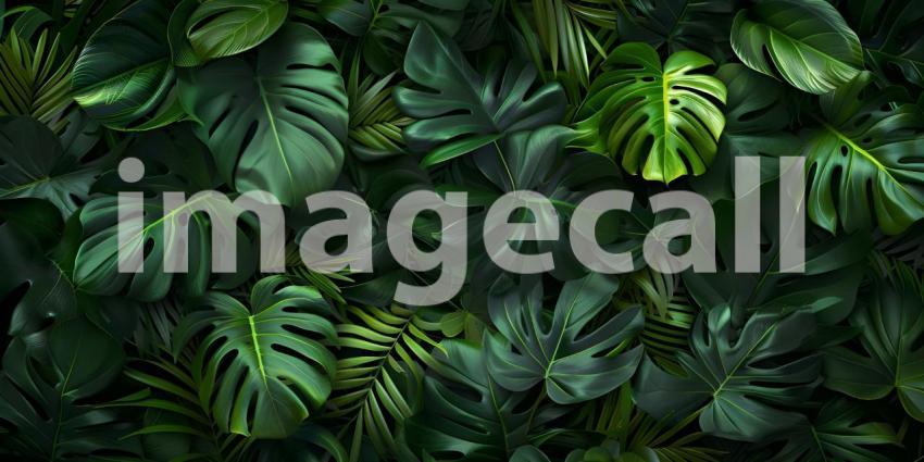 Green tropical forest leaves on dark background - Ai Generated