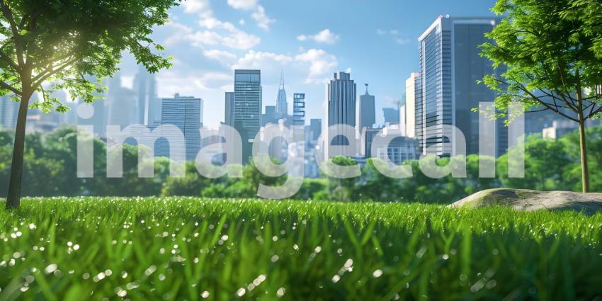Green lawn with city skyscrapers background - Ai Generated