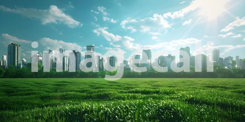 Green lawn with city skyscrapers background - Ai Generated