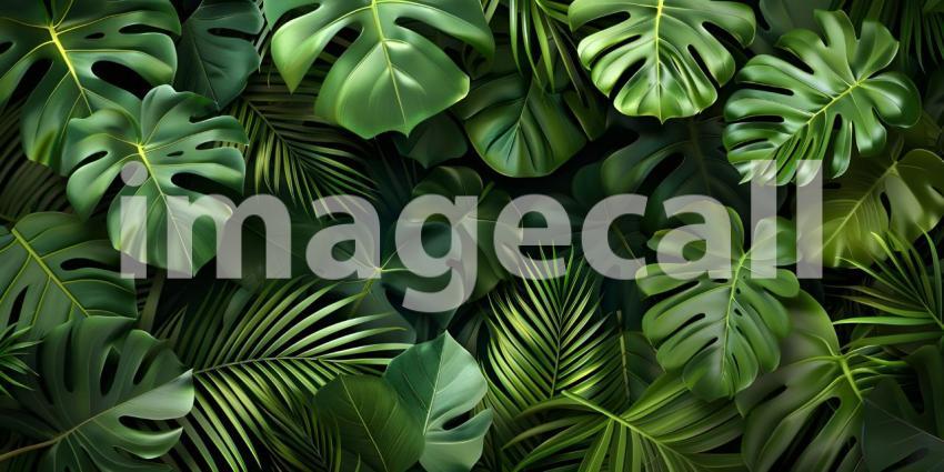 Green tropical forest leaves on dark background - Ai Generated