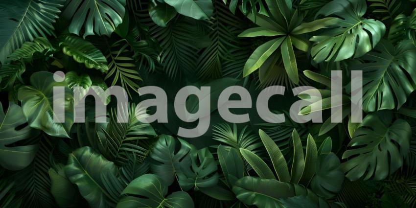 Green tropical forest leaves on dark background - Ai Generated