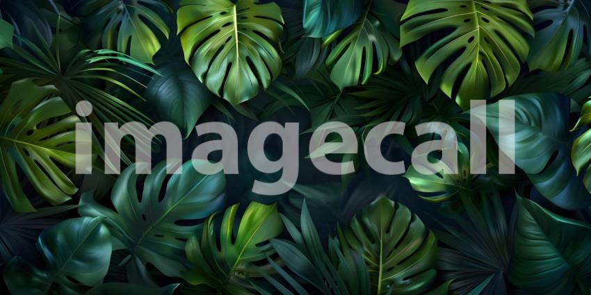 Green tropical forest leaves on dark background - Ai Generated