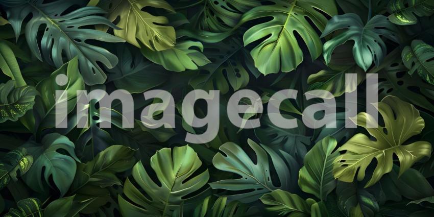 Green tropical forest leaves on dark background - Ai Generated