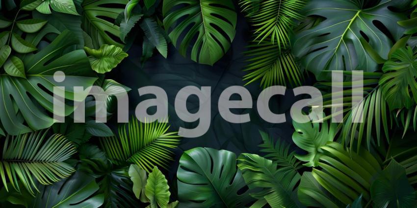 Green tropical forest leaves on dark background - Ai Generated