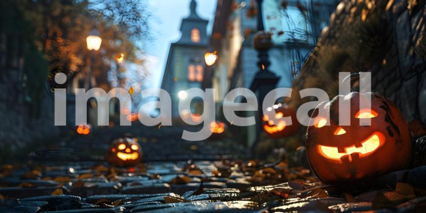 Halloween pumpkins outside a house Scary night background - Ai Generated