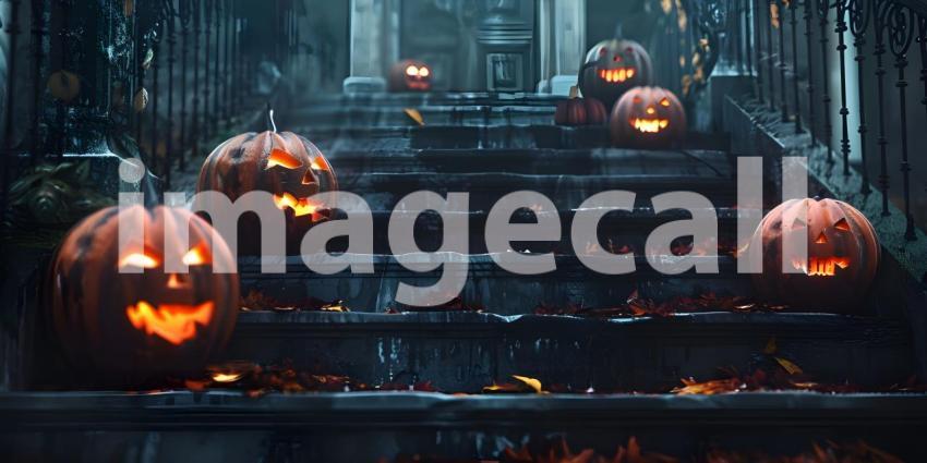 Halloween pumpkins outside a house Scary night background - Ai Generated
