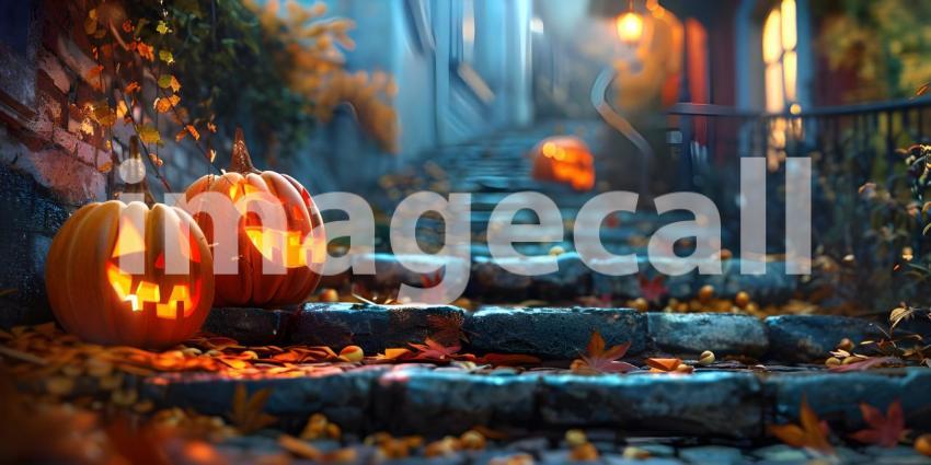 Halloween pumpkins outside a house Scary night background - Ai Generated