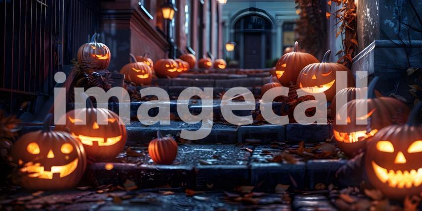 Halloween pumpkins outside a house Scary night background - Ai Generated