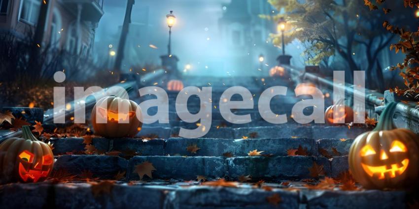 Halloween pumpkins outside a house Scary night background - Ai Generated